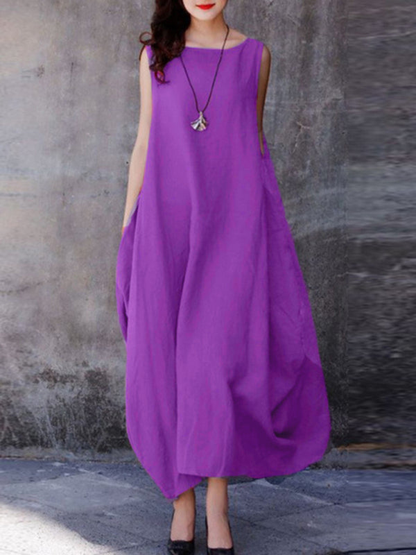 Swingy Sleeveless Midi Dress – Lightweight Solid Color Dress with Round Neck