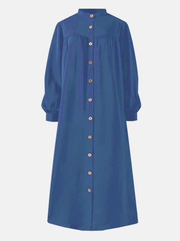 Long Sleeve Stand Collar Swing Dress – Woven Polyester Blend, H-Line Silhouette