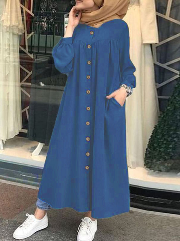Long Sleeve Stand Collar Swing Dress – Woven Polyester Blend, H-Line Silhouette