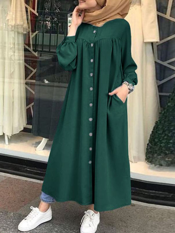 Long Sleeve Stand Collar Swing Dress – Woven Polyester Blend, H-Line Silhouette
