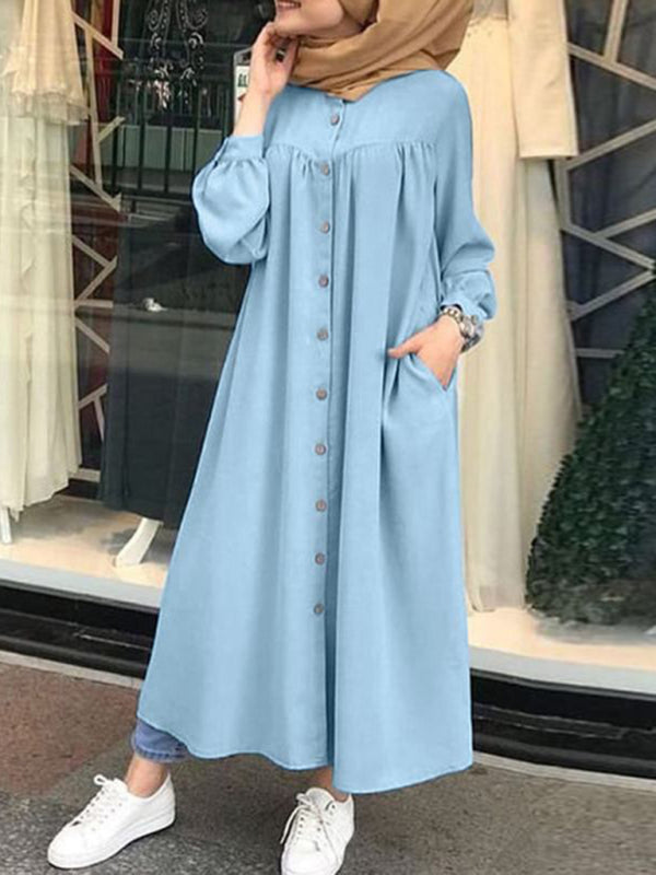 Long Sleeve Stand Collar Swing Dress – Woven Polyester Blend, H-Line Silhouette