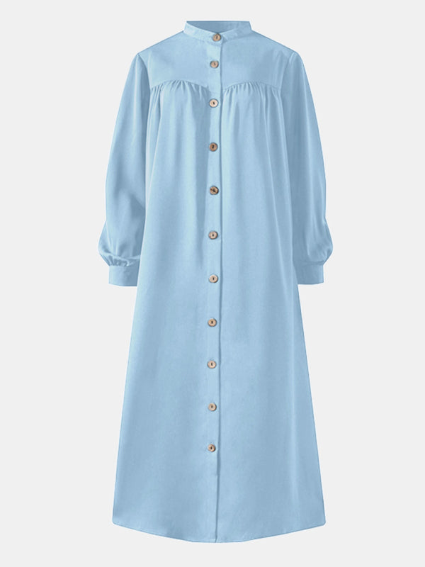Long Sleeve Stand Collar Swing Dress – Woven Polyester Blend, H-Line Silhouette
