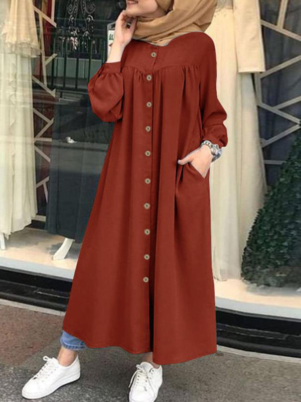 Long Sleeve Stand Collar Swing Dress – Woven Polyester Blend, H-Line Silhouette