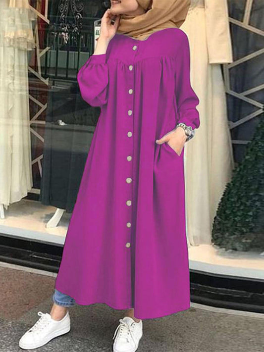 Long Sleeve Stand Collar Swing Dress – Woven Polyester Blend, H-Line Silhouette
