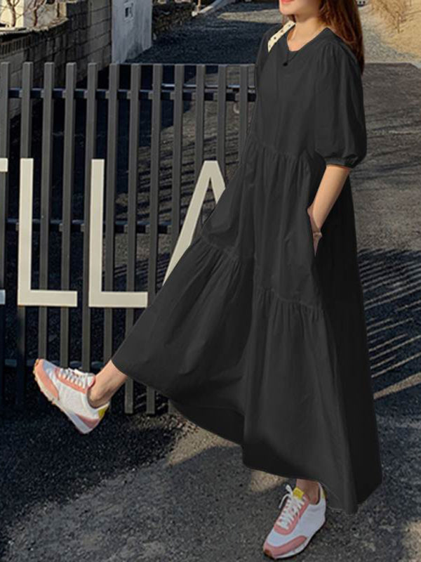 Elegant A-Line Midi Dress – Round Neck, Dropped Sleeves, Leisure Fit