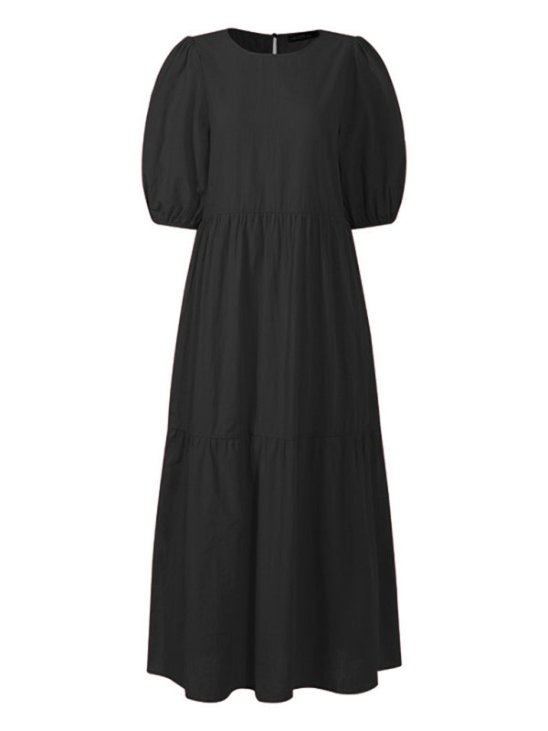 Elegant A-Line Midi Dress – Round Neck, Dropped Sleeves, Leisure Fit