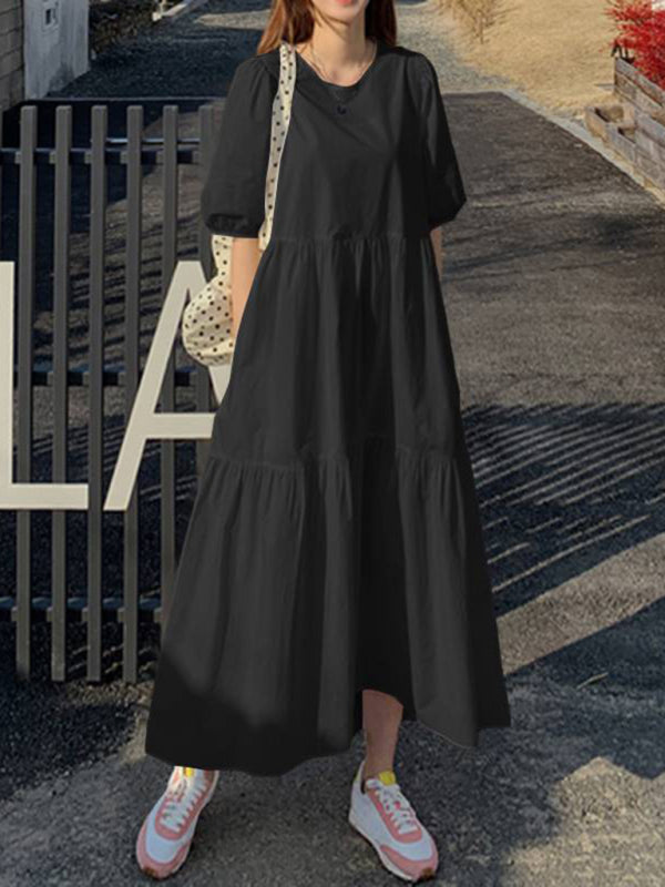 Elegant A-Line Midi Dress – Round Neck, Dropped Sleeves, Leisure Fit