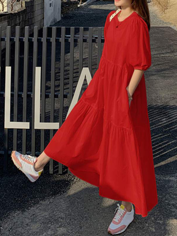 Elegant A-Line Midi Dress – Round Neck, Dropped Sleeves, Leisure Fit