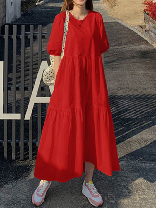Elegant A-Line Midi Dress – Round Neck, Dropped Sleeves, Leisure Fit