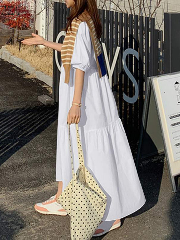 Elegant A-Line Midi Dress – Round Neck, Dropped Sleeves, Leisure Fit