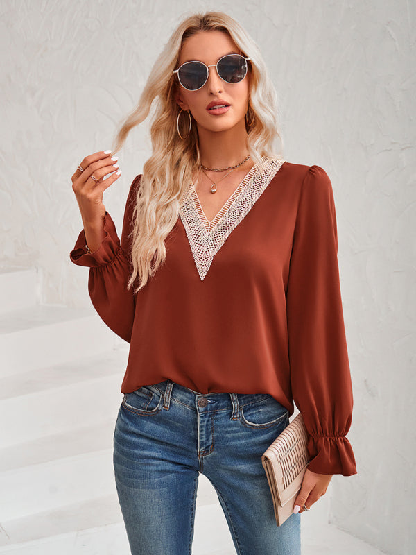 Women's V-Neck Lace Ruffle Sleeve Blouse