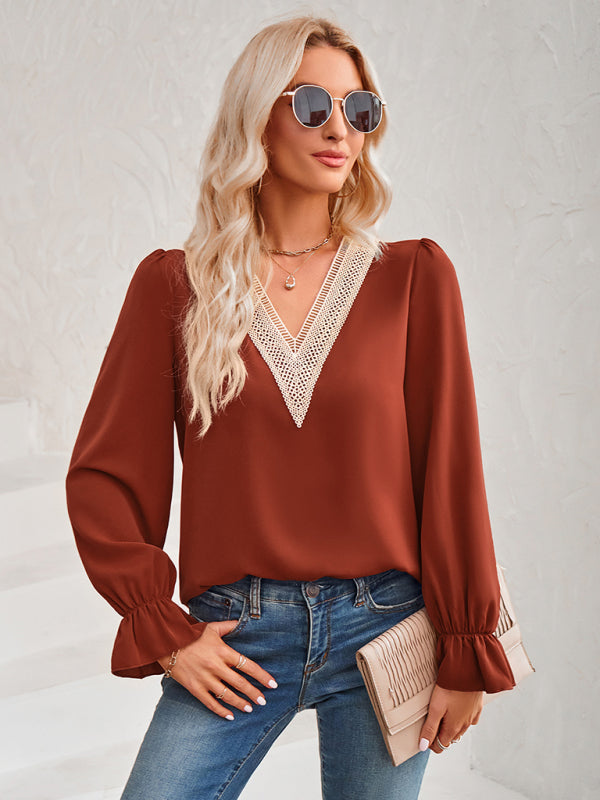 Women's V-Neck Lace Ruffle Sleeve Blouse