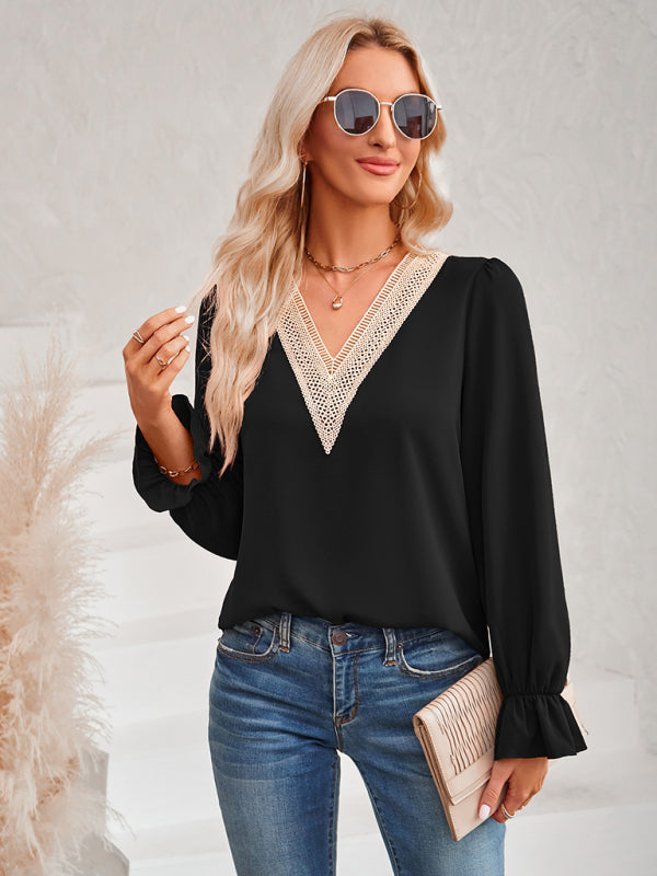 Women's V-Neck Lace Ruffle Sleeve Blouse