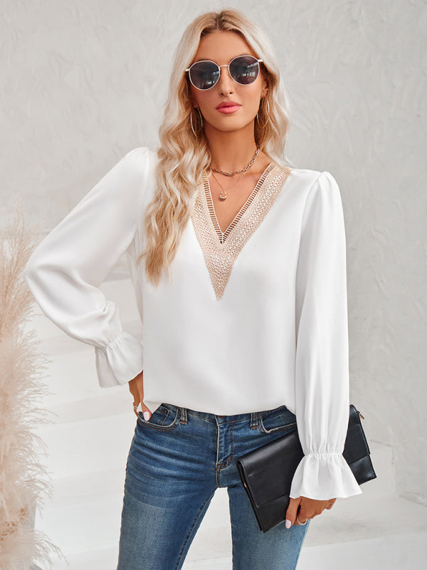 Women's V-Neck Lace Ruffle Sleeve Blouse