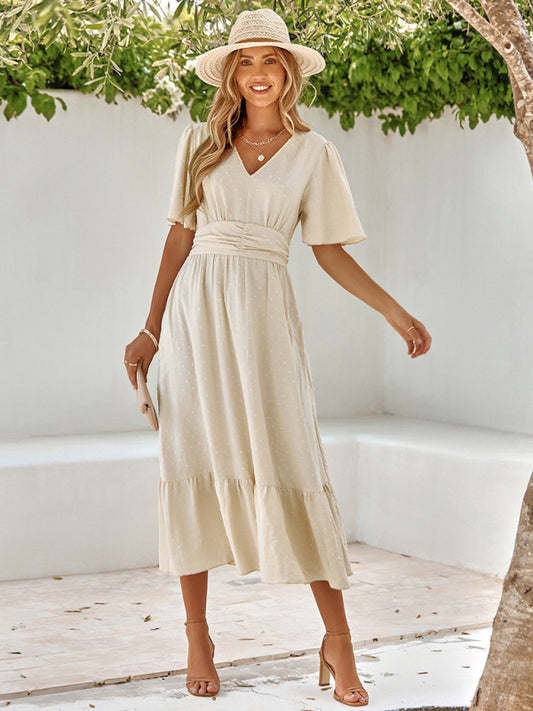 V-Neck Ruffle Sleeve Maxi Dress – Lightweight Solid Color Summer Essential
