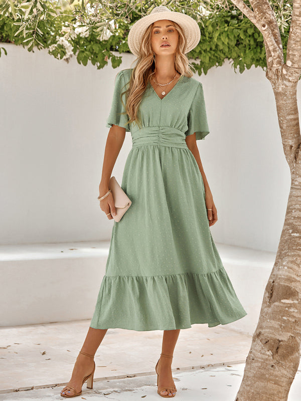 V-Neck Ruffle Sleeve Maxi Dress – Lightweight Solid Color Summer Essential
