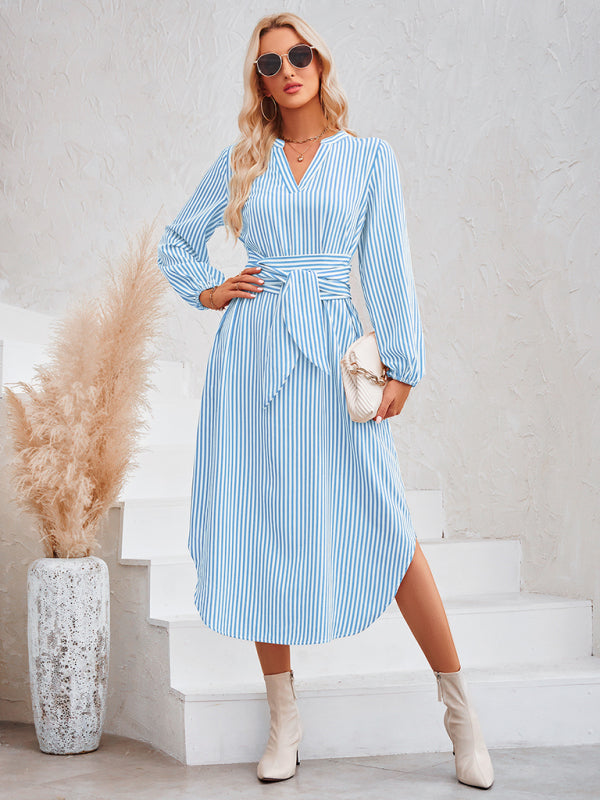 Striped V-Neck Tie-Waist Shirt Dress – Lightweight Woven Spring Style