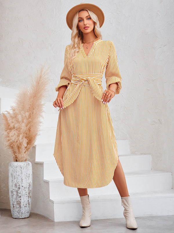 Striped V-Neck Tie-Waist Shirt Dress – Lightweight Woven Spring Style