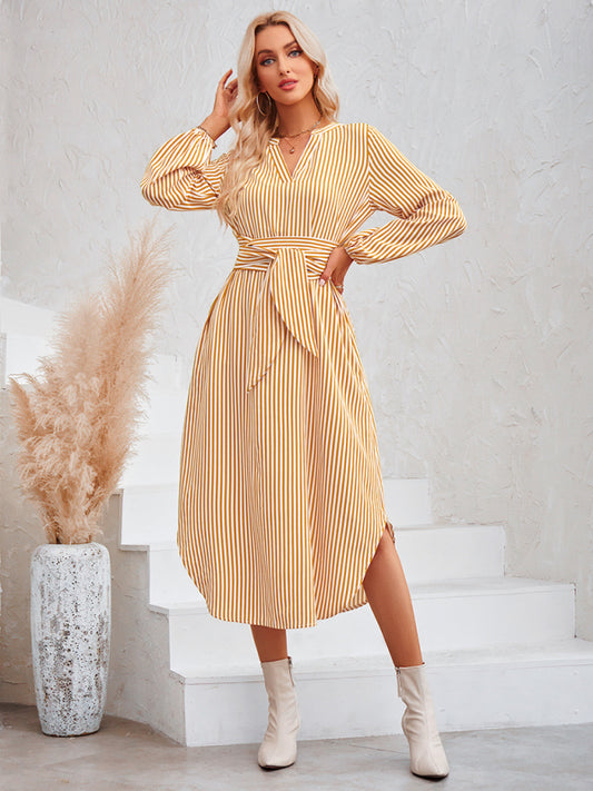 Striped V-Neck Tie-Waist Shirt Dress – Lightweight Woven Spring Style