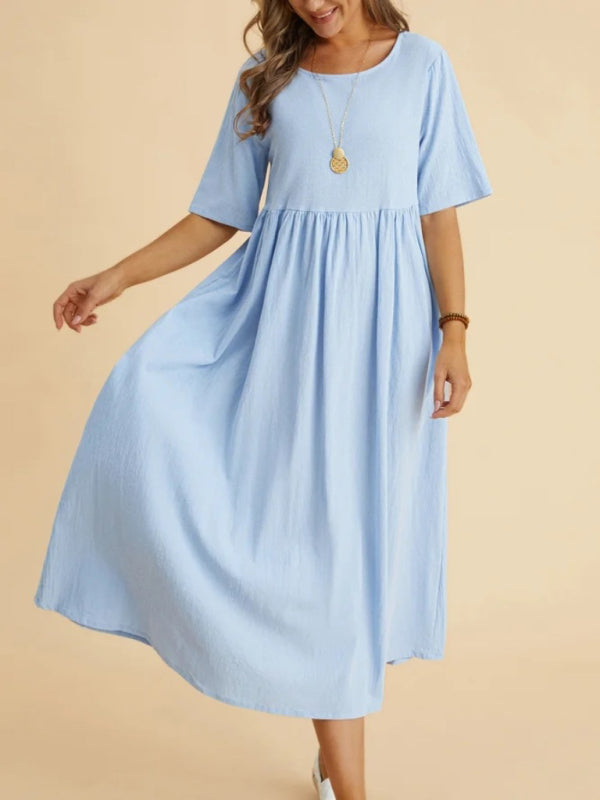 Casual Loose Midi Dress – Round Neck, Half Sleeves & Lightweight Woven Fabric
