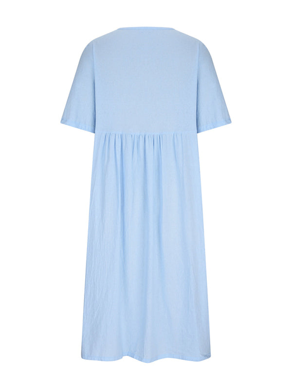 Casual Loose Midi Dress – Round Neck, Half Sleeves & Lightweight Woven Fabric