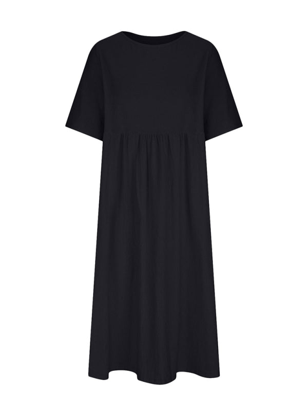 Casual Loose Midi Dress – Round Neck, Half Sleeves & Lightweight Woven Fabric