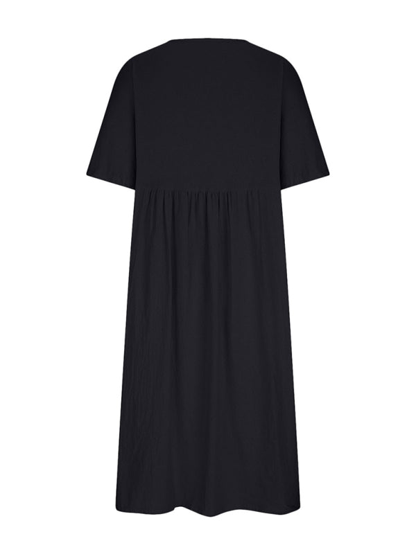Casual Loose Midi Dress – Round Neck, Half Sleeves & Lightweight Woven Fabric