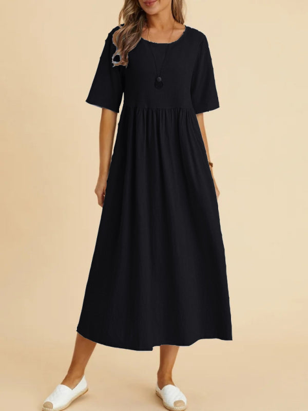 Casual Loose Midi Dress – Round Neck, Half Sleeves & Lightweight Woven Fabric