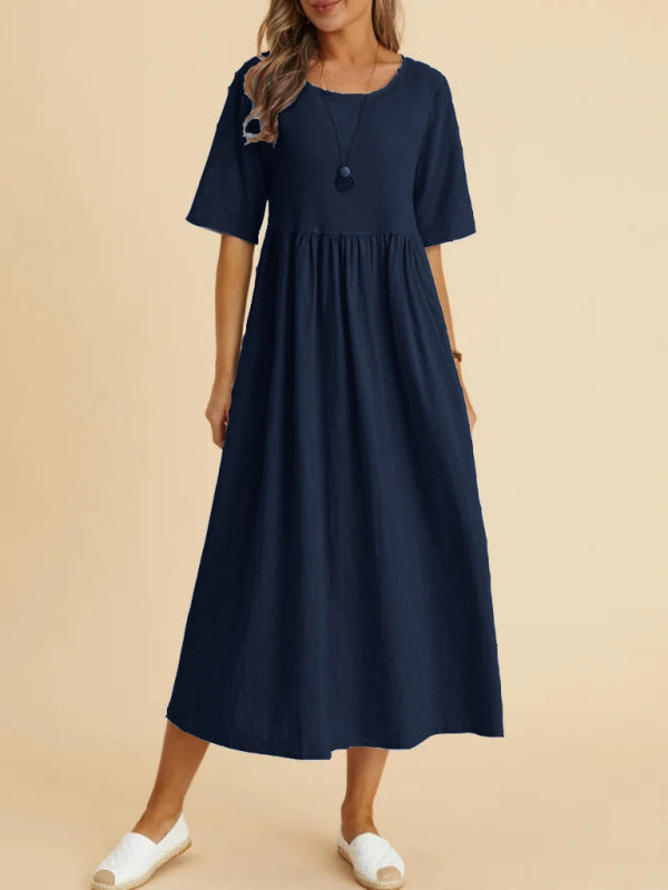 Casual Loose Midi Dress – Round Neck, Half Sleeves & Lightweight Woven Fabric