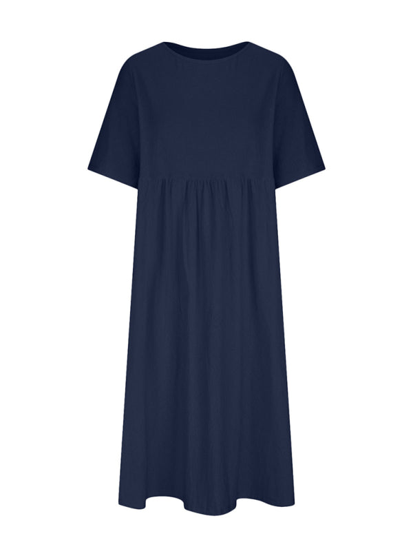Casual Loose Midi Dress – Round Neck, Half Sleeves & Lightweight Woven Fabric