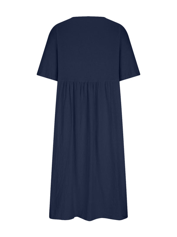 Casual Loose Midi Dress – Round Neck, Half Sleeves & Lightweight Woven Fabric
