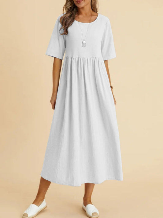 Casual Loose Midi Dress – Round Neck, Half Sleeves & Lightweight Woven Fabric