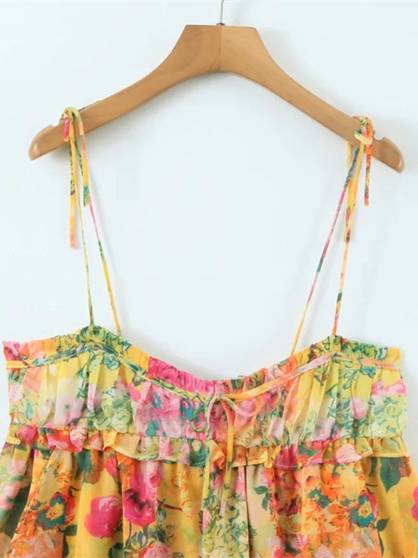 Floral Color-Block Lace-Up Sling Dress – Niche French Style with Ruffle Trim