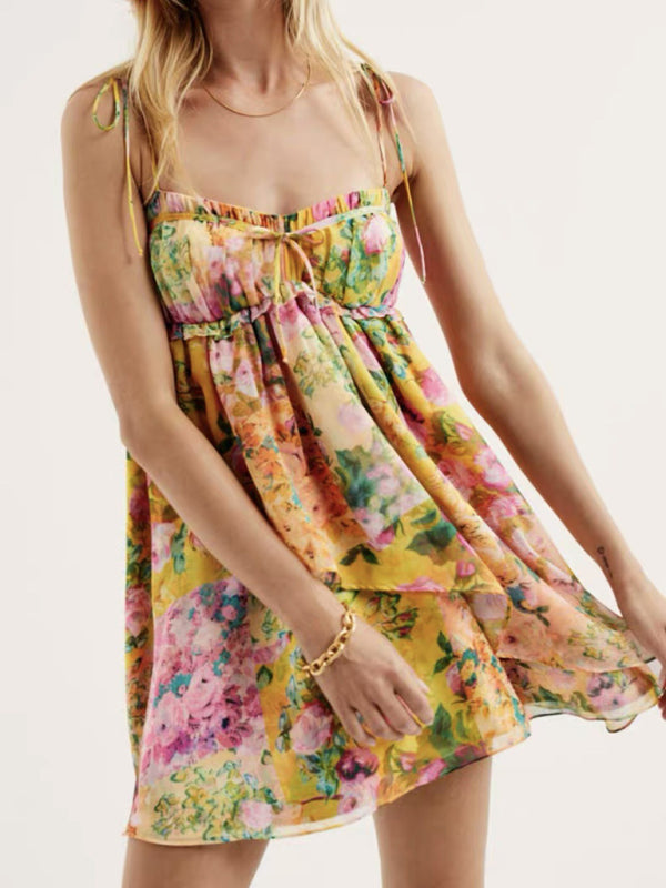 Floral Color-Block Lace-Up Sling Dress – Niche French Style with Ruffle Trim