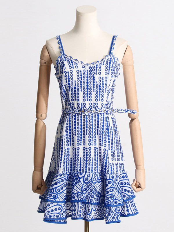 Embroidered Ruffle Suspender Mini Dress – Slim Fit, Romantic Style