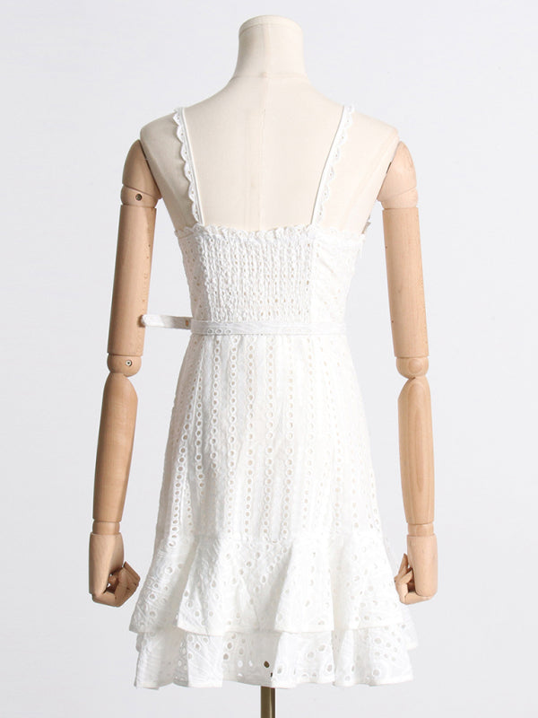 Embroidered Ruffle Suspender Mini Dress – Slim Fit, Romantic Style