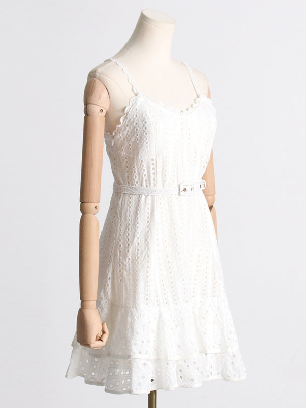 Embroidered Ruffle Suspender Mini Dress – Slim Fit, Romantic Style