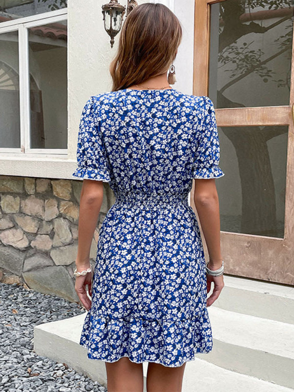 Romantic Short Floral Pullover Dress – Spring Summer Woven Fit