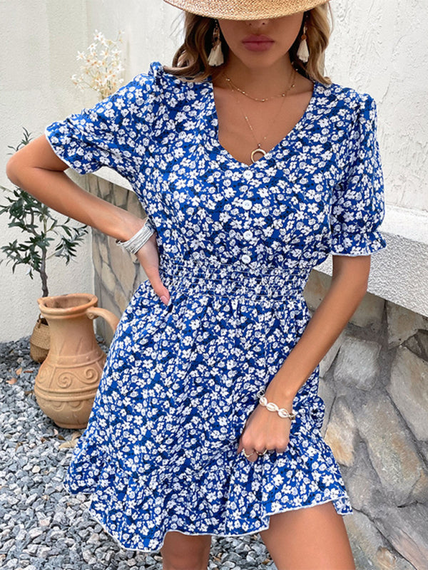 Romantic Short Floral Pullover Dress – Spring Summer Woven Fit