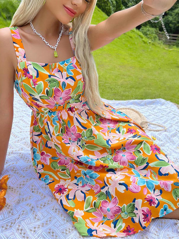 French Floral Suspender Midi Dress – Romantic Fit for Spring & Summer