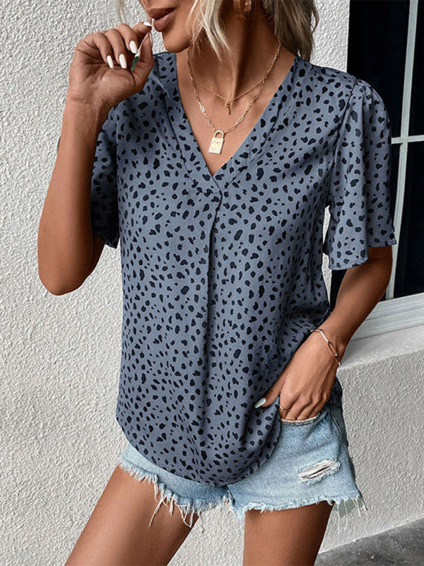 Summer Leopard Print Short Sleeve Blouse for Women