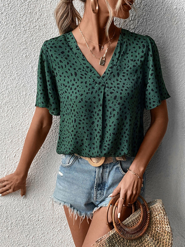 Summer Leopard Print Short Sleeve Blouse for Women
