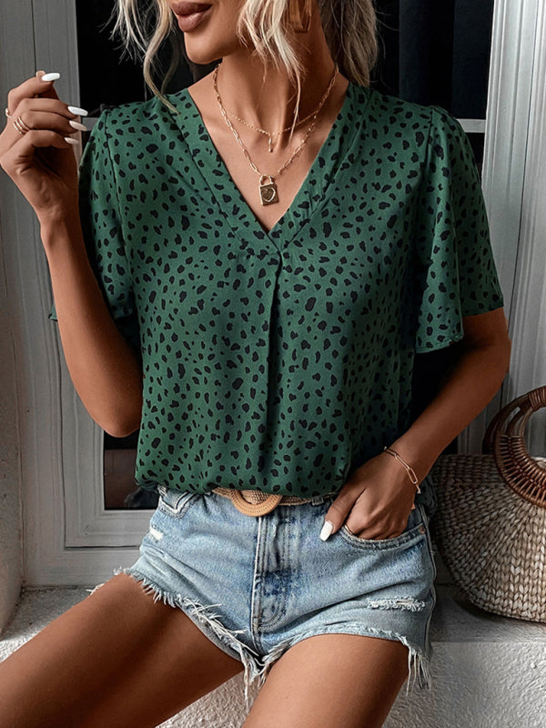 Summer Leopard Print Short Sleeve Blouse for Women