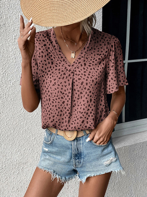 Summer Leopard Print Short Sleeve Blouse for Women