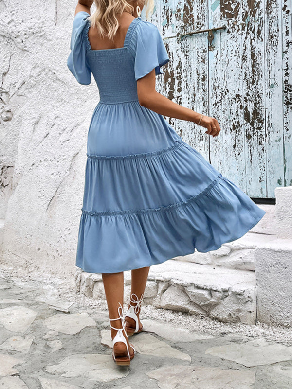 Romantic Mid-Length Solid Color Dress – Minimalist Style, Soft Rayon, Blue