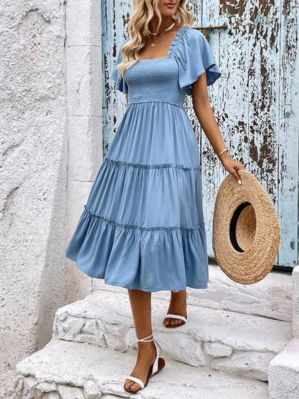 Romantic Mid-Length Solid Color Dress – Minimalist Style, Soft Rayon, Blue