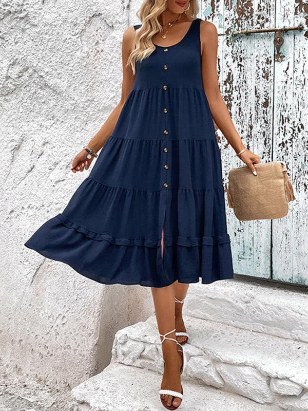 Sleeveless Knit Slit Midi Dress – Solid Color & Lightweight Fit
