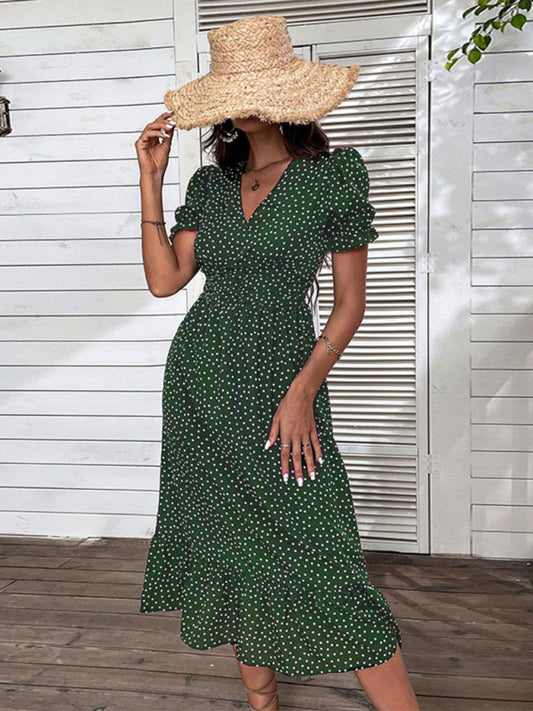Polka Dot V-Neck Mid-Length Dress – Elegant Casual Holiday Style