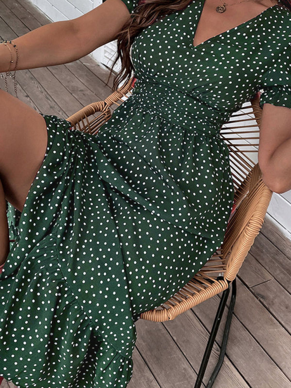 Polka Dot V-Neck Mid-Length Dress – Elegant Casual Holiday Style