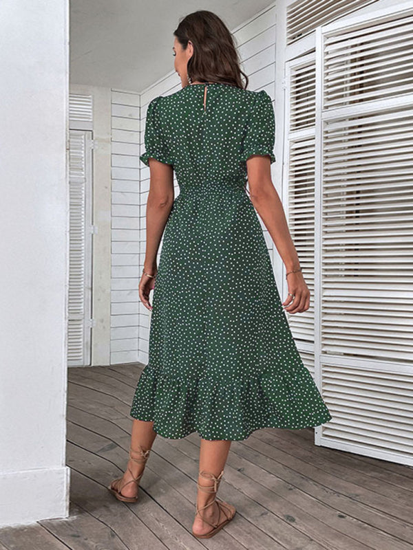 Polka Dot V-Neck Mid-Length Dress – Elegant Casual Holiday Style
